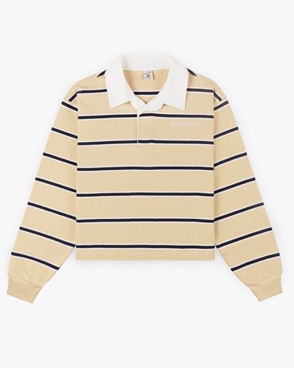 Sporty & Rich Serif Logo Cropped Rugby Polo Almond/dark navy/white