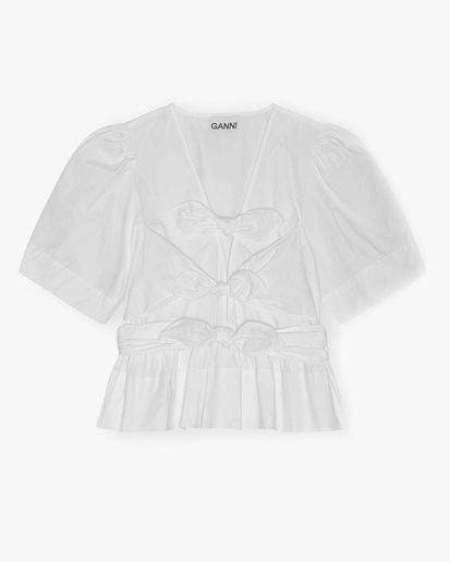 Ganni Washed Stretch Cotton Tie Strap Blouse Bright White