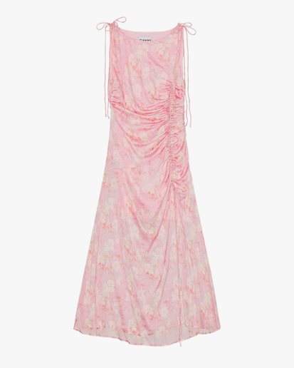 Ganni Printed Satin Gathered Long Dress Primrose Pink