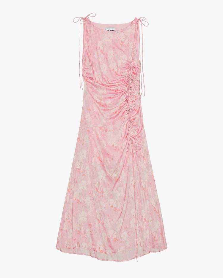 Ganni Printed Satin Gathered Long Dress Primrose Pink