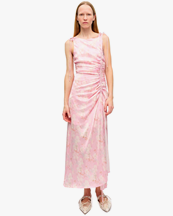 Ganni Printed Satin Gathered Long Dress Primrose Pink