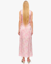 Ganni Printed Satin Gathered Long Dress Primrose Pink