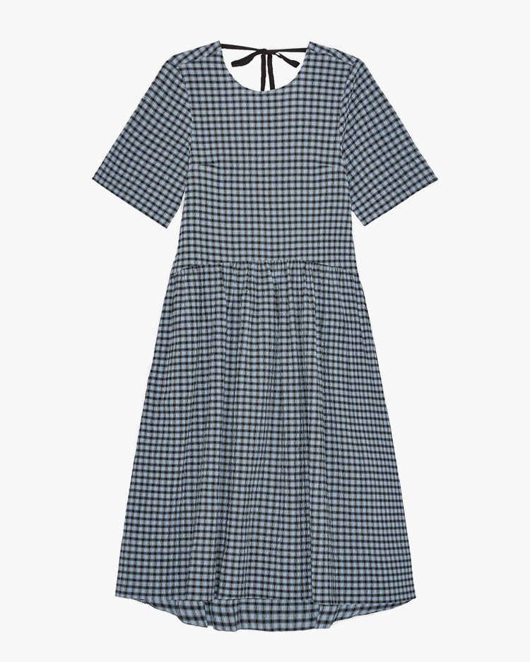 Ganni Seersucker Check Midi Dress Soft Chambray