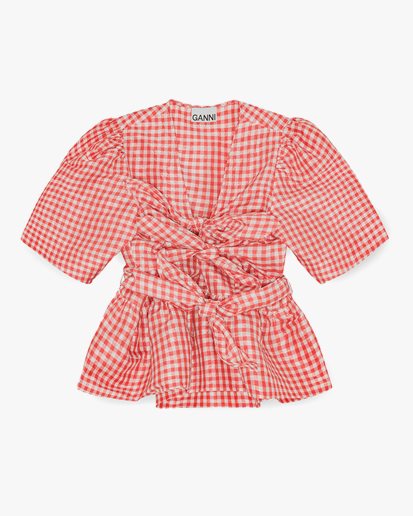 Ganni Crinkled Taffeta Check Tie Strap Blouse Red Alert