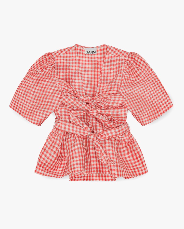 Ganni Crinkled Taffeta Check Tie Strap Blouse Red Alert
