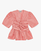 Ganni Crinkled Taffeta Check Tie Strap Blouse Red Alert