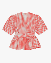 Ganni Crinkled Taffeta Check Tie Strap Blouse Red Alert
