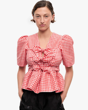 Ganni Crinkled Taffeta Check Tie Strap Blouse Red Alert
