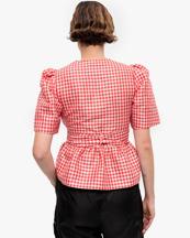 Ganni Crinkled Taffeta Check Tie Strap Blouse Red Alert