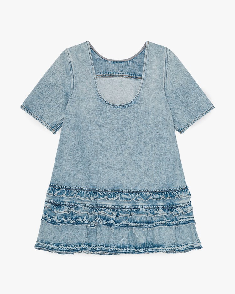 Ganni ■Soft Rigid Denim Open Back Frill Mini Dr - Sky Blue Soft Rigid Denim Open Back Frill Mini Dress Light Blue Stone