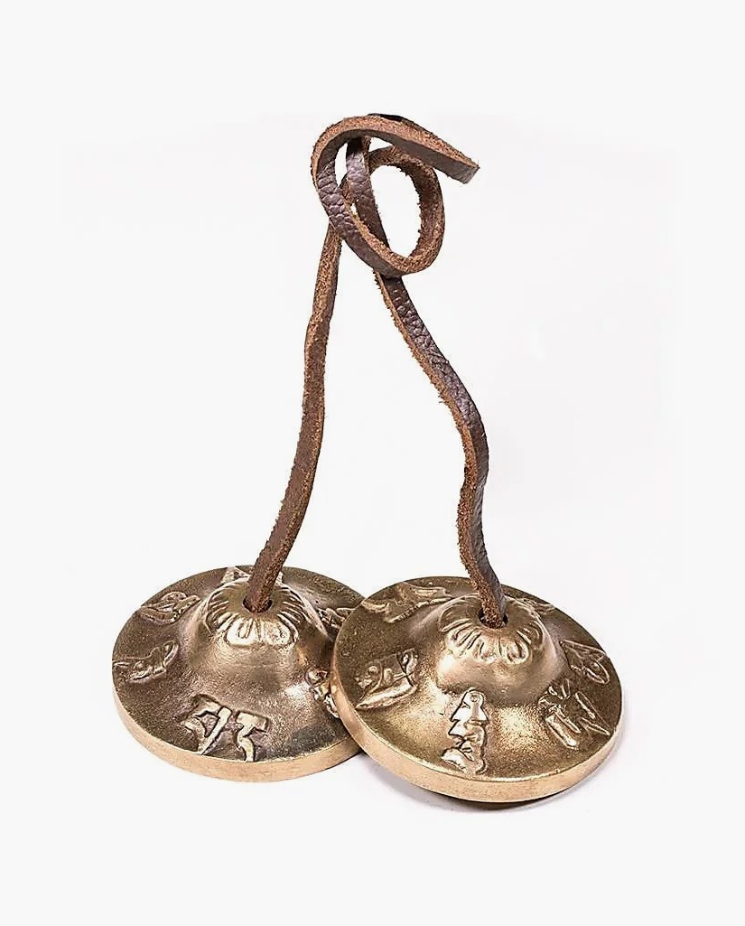 Tingsha med Om Mani Padme Hum - Meditationscymbaler i Mässing 6 cm