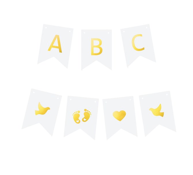 Personlig vimpel av vita flaggor med bokstäver och siffror i guld