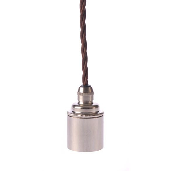 Upphäng E27 slät lamph. nickel 2,5m brun tvinnad kabel