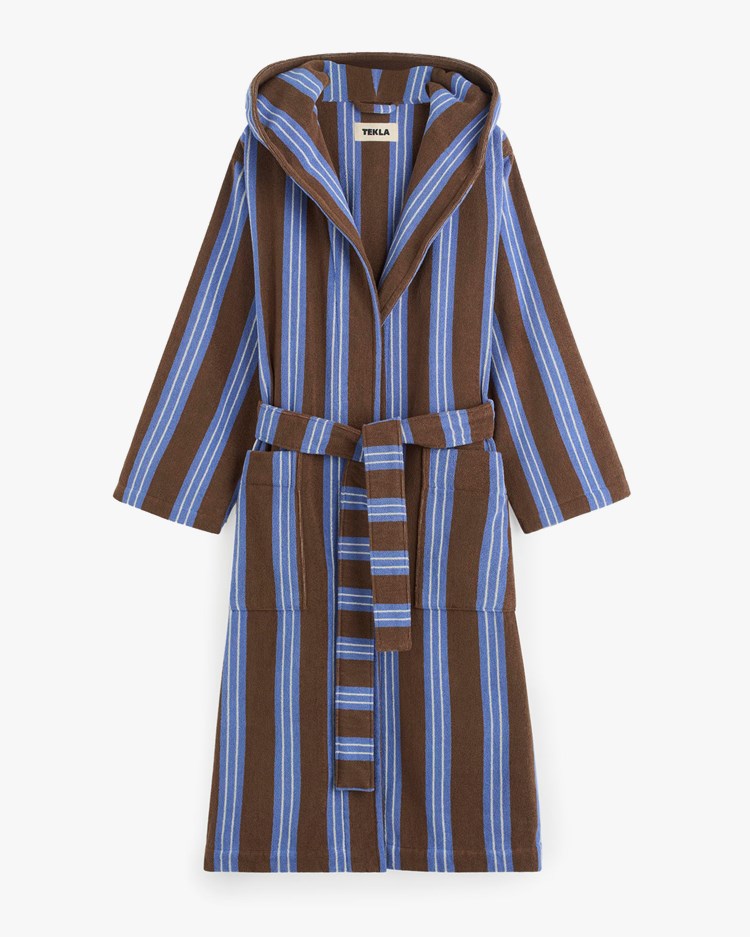 Tekla Terry Hooded Bathrobe Chestnut Stripes