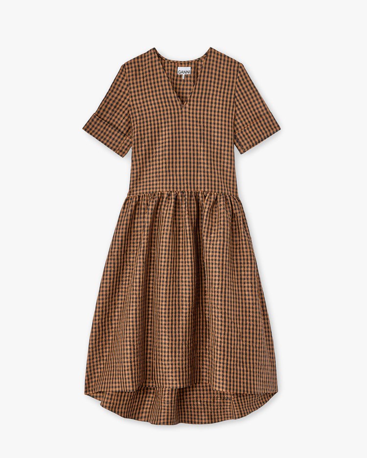 Ganni Crinkled Taffeta Check Long Dress Tobacco Brown