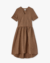 Ganni Crinkled Taffeta Check Long Dress Tobacco Brown
