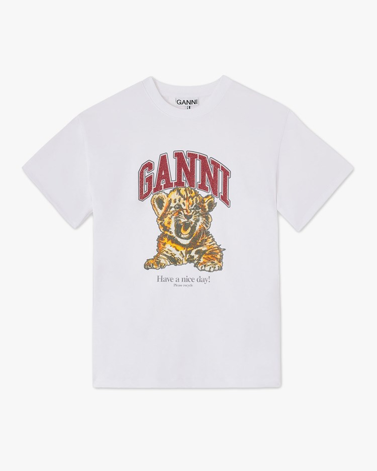 Ganni Heavy Cotton Jersey Beaded Baby Tiger Print Bright White
