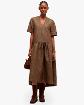 Ganni Crinkled Taffeta Check Long Dress Tobacco Brown