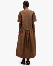 Ganni Crinkled Taffeta Check Long Dress Tobacco Brown