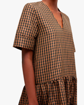 Ganni Crinkled Taffeta Check Long Dress Tobacco Brown