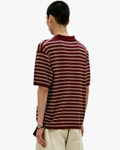 Coor Open-Collar Stripe Polo Sweater Burgundy