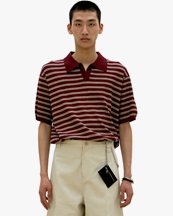 Coor Open-Collar Stripe Polo Sweater Burgundy
