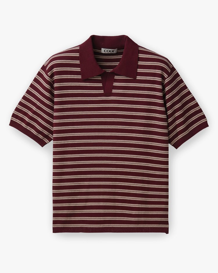 Coor Open-Collar Stripe Polo Sweater Burgundy