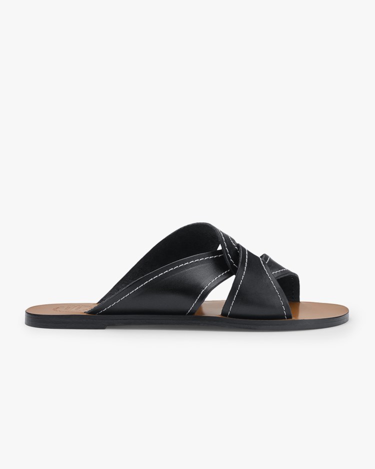 ATP Atelier Allai Flat Sandals Black/Contrast Stitch Vacchetta