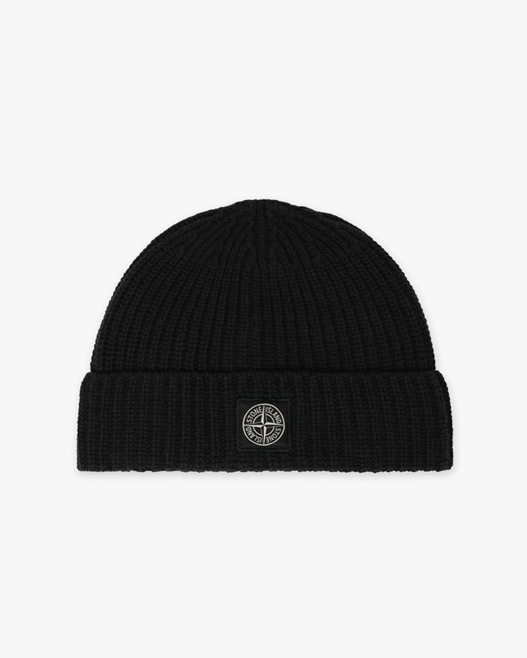 Stone Island N100012 Ribbed Geelong Wool Beanie Black