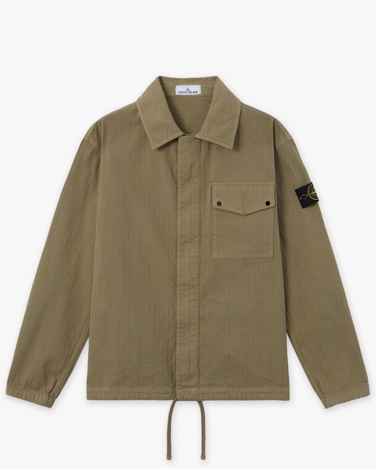 Stone Island 1200014 Cotton Herringbone Zip-Up Overshirt Military Green