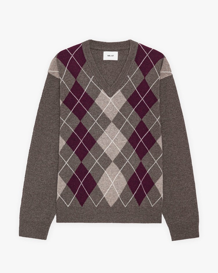 NN07 Otto Argyle V-Neck Sweater Winetasting
