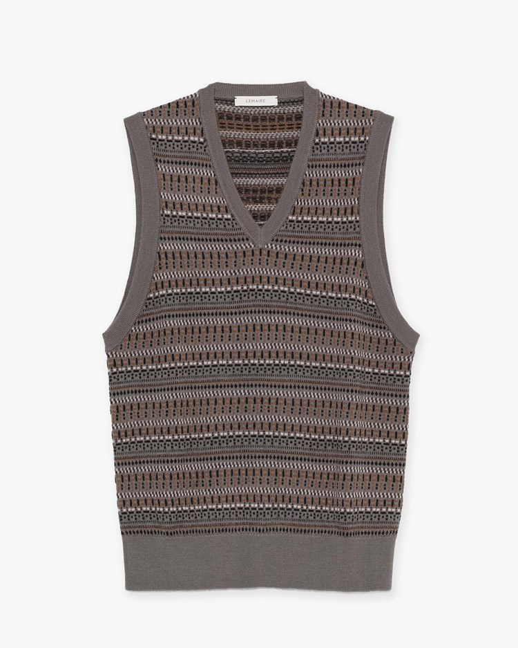 LEMAIRE V-Neck Jacquard Vest Aluminium/Ochre
