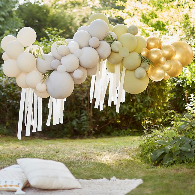 Balloon Arch Green/Cream/Grey/Gold with streamers