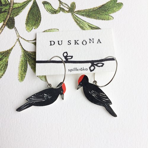 Black woodpecker earring, hoops