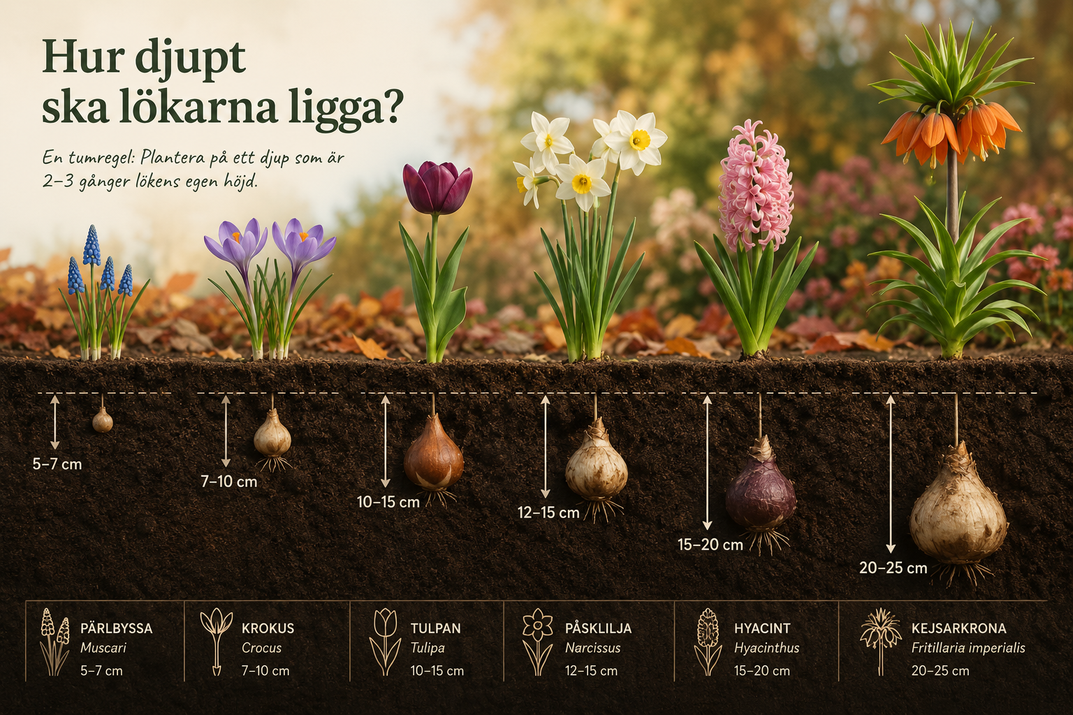 Illustration av planteringsdjup för krokus, tulpan och allium.