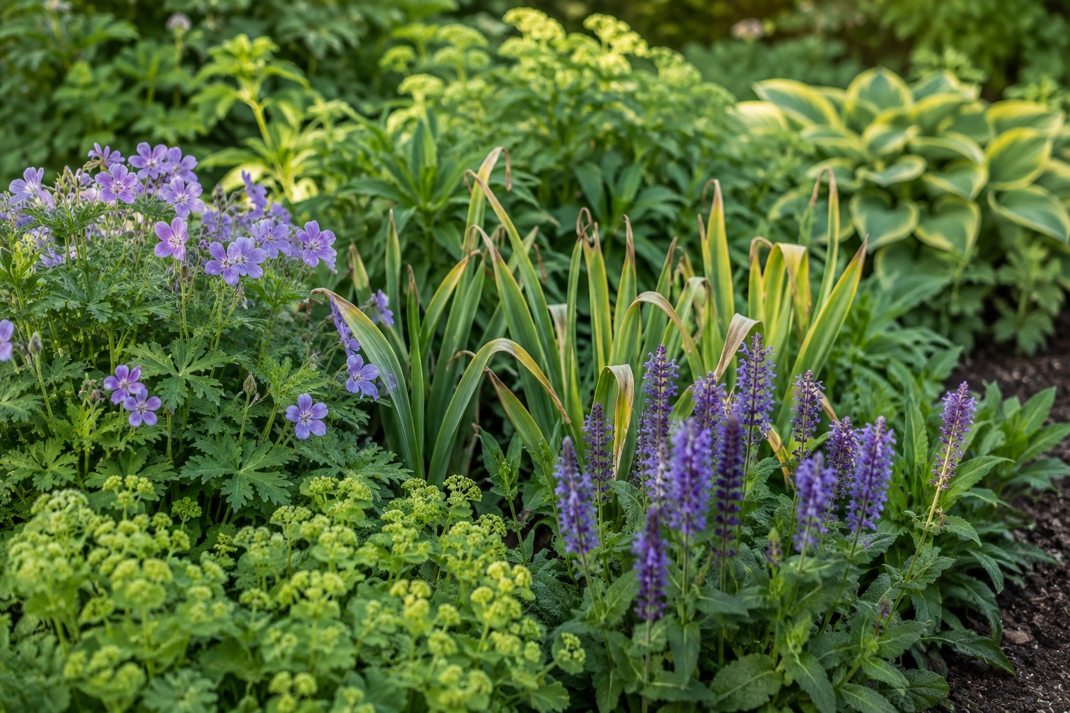 Gulnande narcissblad som döljs av uppväxande perenner.