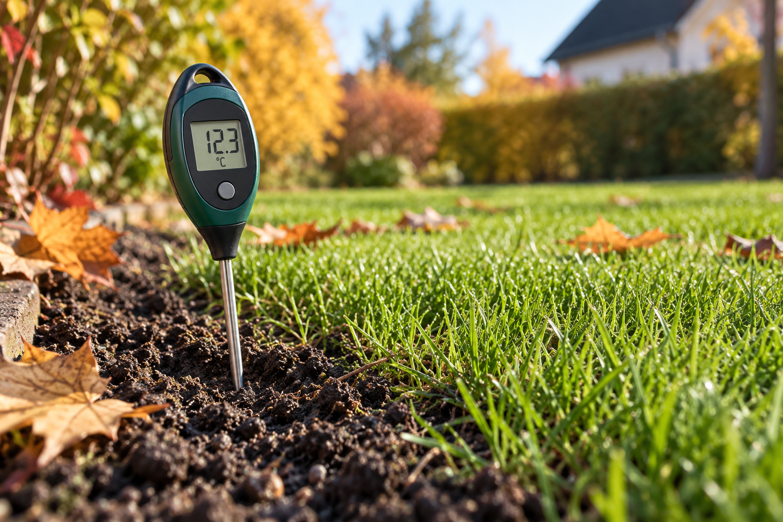Jordtermometer som visar marktemperaturen inför höstsådd av gräs.