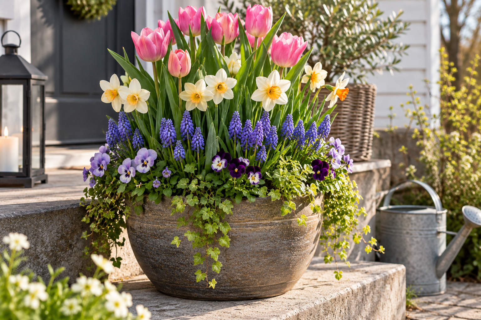 Blommande löklasagne i kruka med tulpaner, narcisser och pärlhyacint.