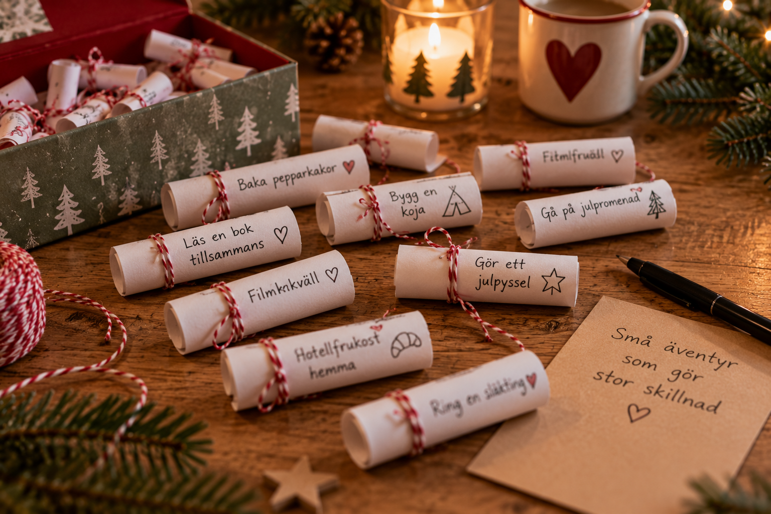 Handskrivna aktivitetslappar till adventskalenderns luckor.