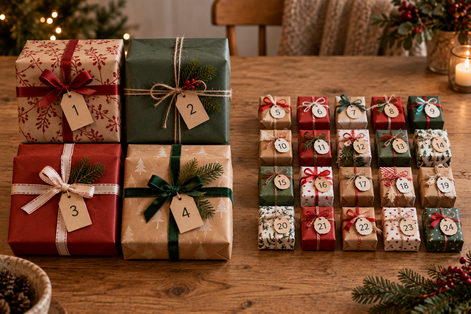 Fyra större och tjugo mindre paket till en adventskalender.