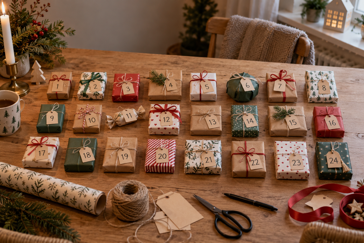 Tjugofyra numrerade småpaket till en egen adventskalender.