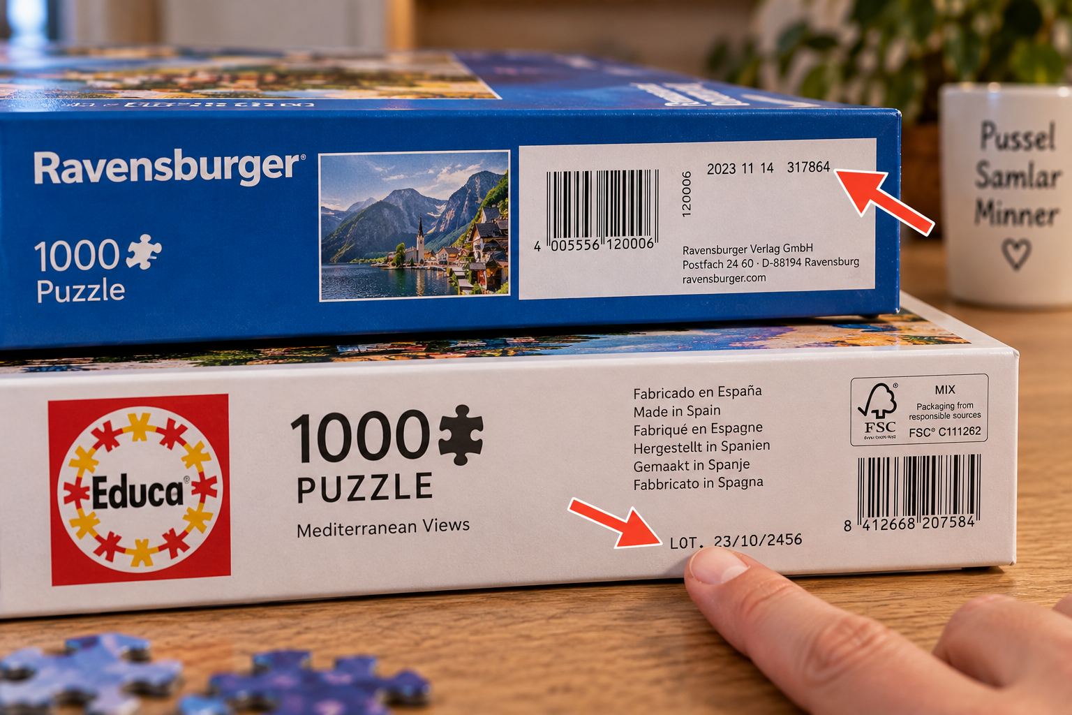Produktionskoden sitter ofta på sidan av pusselkartongen.