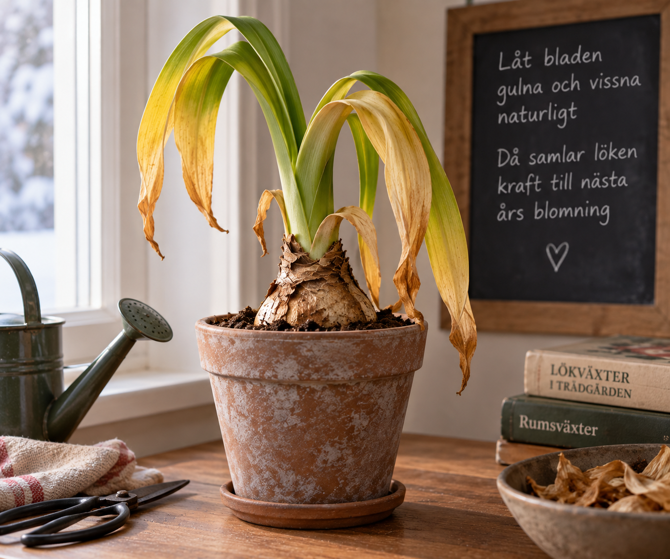 Amaryllis med gulnande blad inför viloperioden.