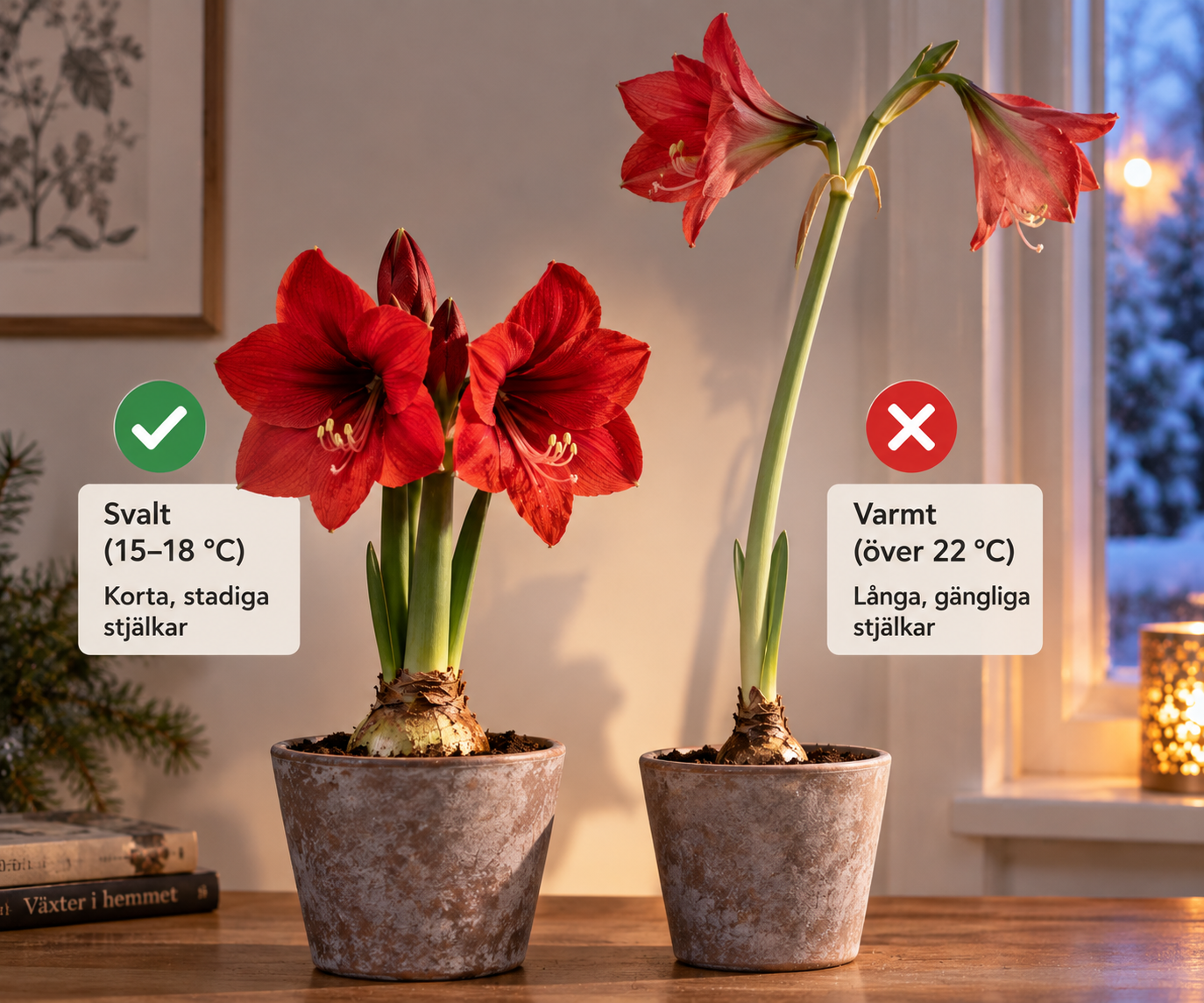Kort stadig amaryllisstjälk jämförd med en lång gänglig.