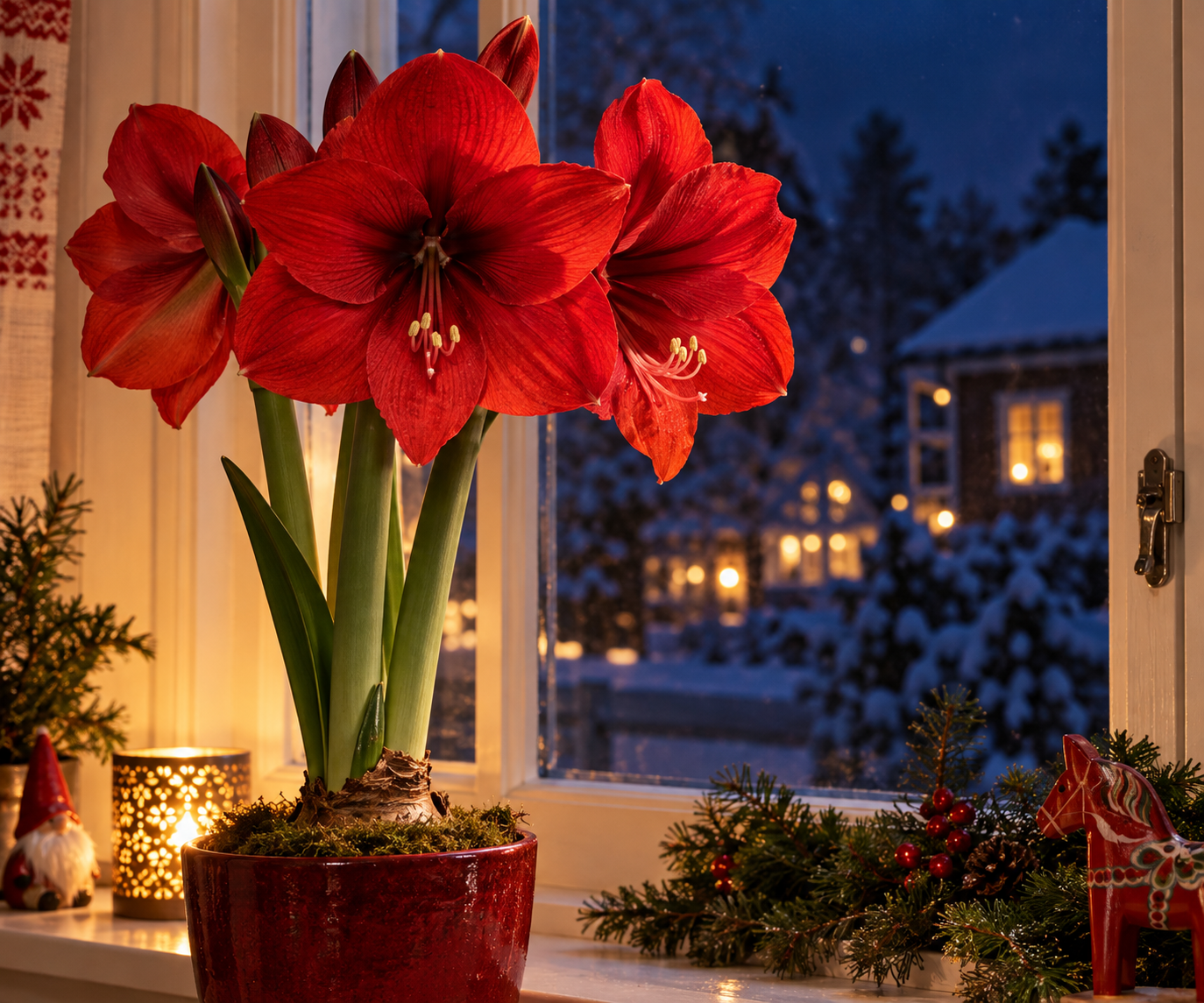 Blommande röd amaryllis i ett fönster vid juletid.