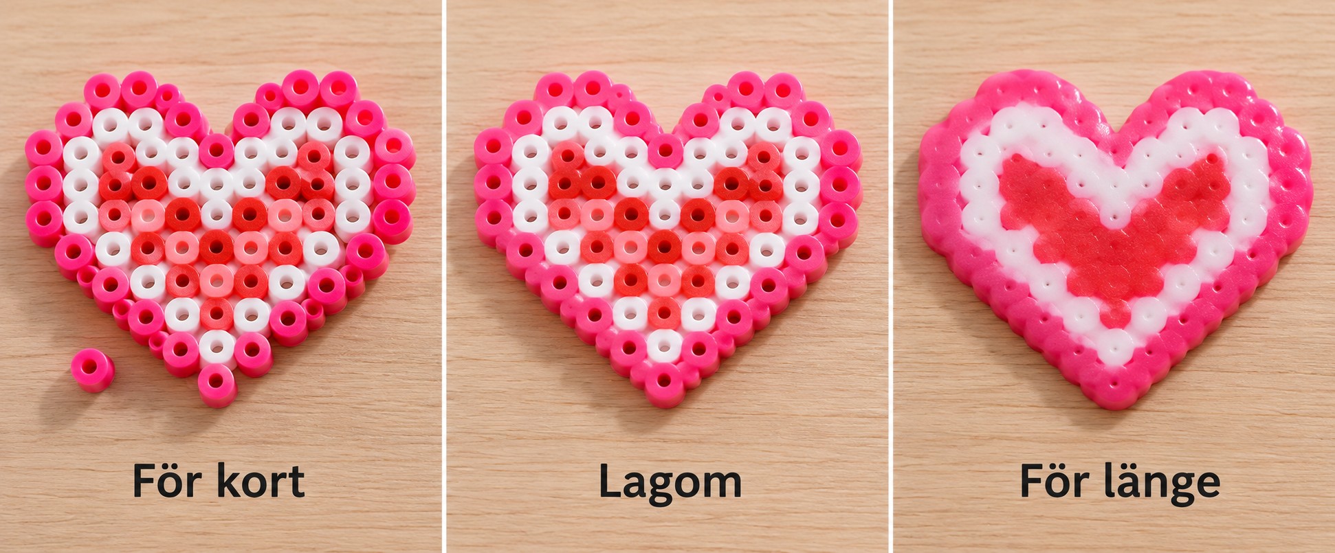 Samma pärlmotiv struket tre olika länge: för kort, lagom och för länge.